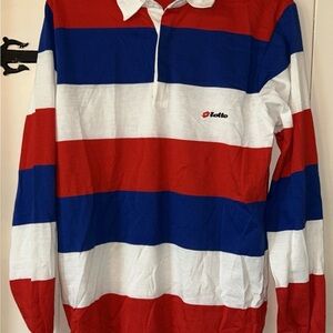 LOTTO Polo Style Rugby Shirt M White Red Blue Striped Vintage New With Tags